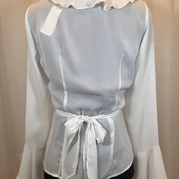 New York & Company White Ruffle Front V-Neck Blouse - Picture 6 of 9